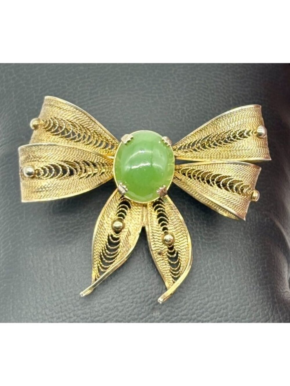 Vintage Sorrento 12K Gold Plate On Sterling Silver Filigree Brooch Nephrite Jade